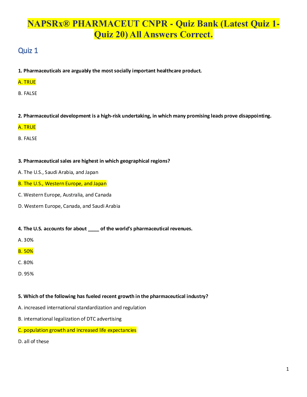 NAPSRx® PHARMACEUT CNPR - Quiz Bank (Latest Quiz 1-Quiz 20) All Answers Correct.